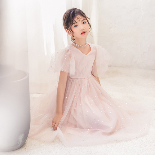 Girls' Summer Cross-border Children's Dress for Older Girls, Princess Dress with Star Pattern, Ethereal Net Dress