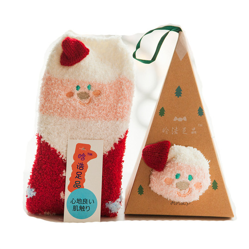 19th Japanese style Christmas socks embroidered three-dimensional home coral velvet cartoon socks boxed floor socks half velvet women's socks