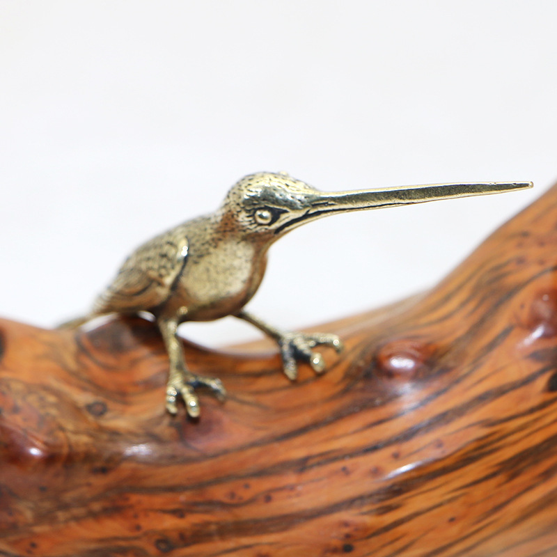 Solid Pure Copper Happy Birds Desktop Small Ornaments Simulation Long Billed Hummingbird Tea Knife Brass Micro Carving Hand Handle Small Kingfisher