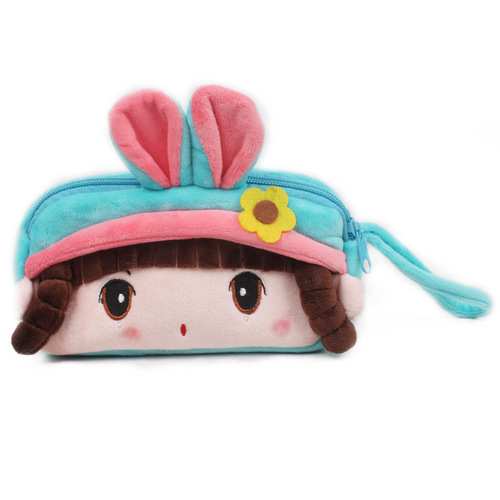 Student cute stationery pencil bag cartoon plush fabric lead pen storage bag double pull change card mobile phone bag