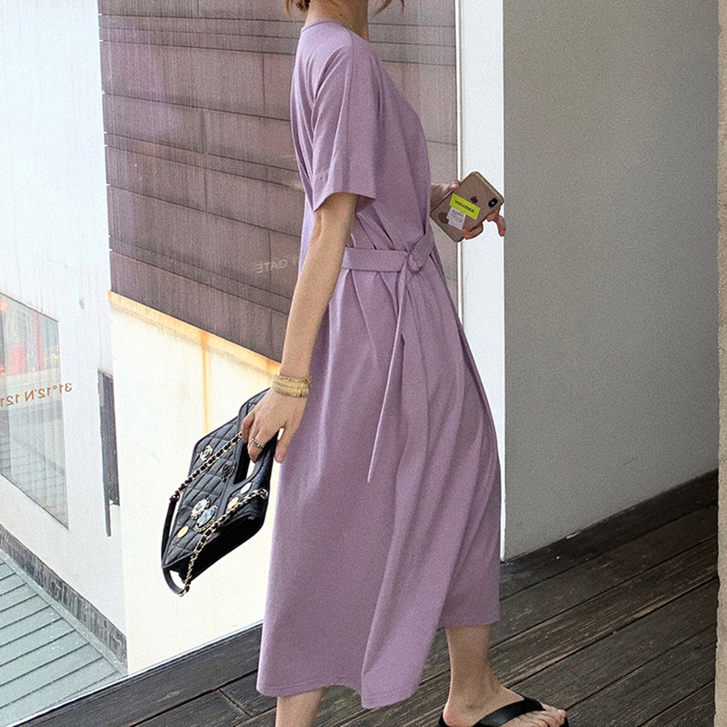 Lazy Style French Purple Black Dress Summer New Waist Long Dress Elegant Fashion T-shirt Long Dress