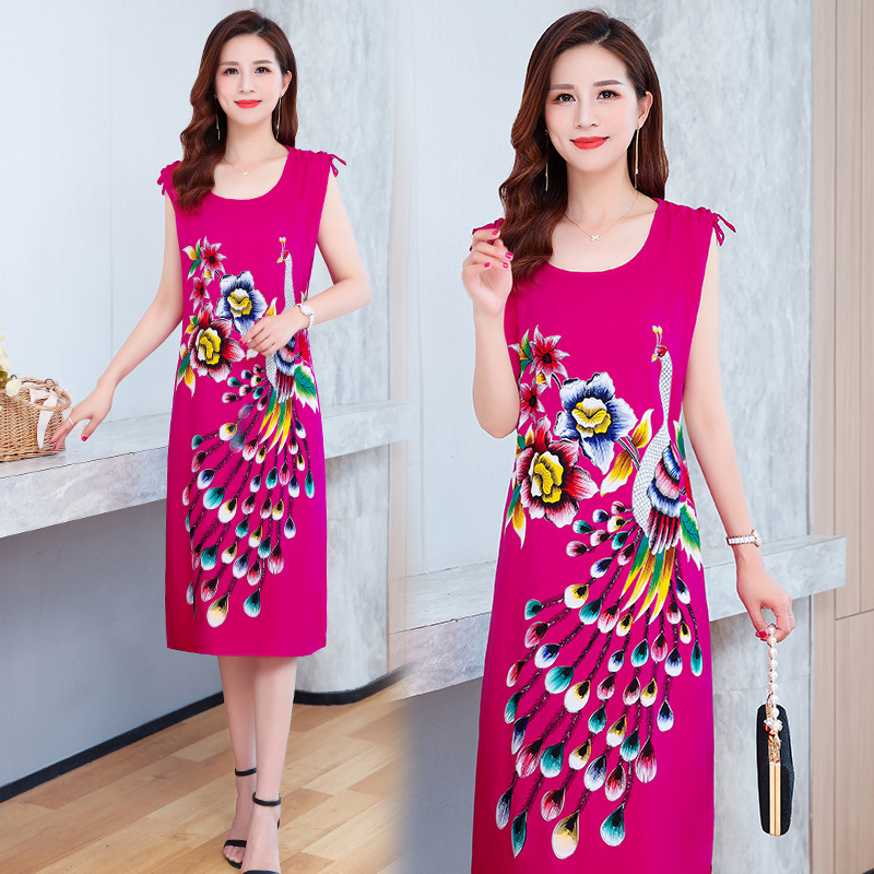 Middle-aged women's summer new cotton silk dress large size mother loose artificial cotton skirt positioning flower dress