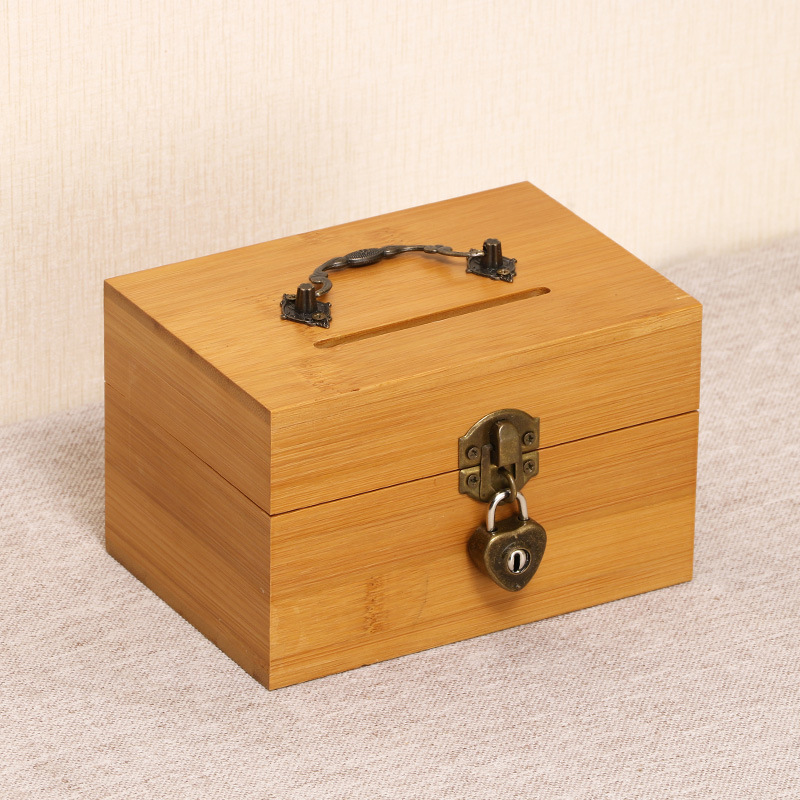 Bamboo Storage Box with Lock, Wooden Tea Box, Gift Packaging Box, Savings Bank, Treasure Chest, Wholesale in Stock