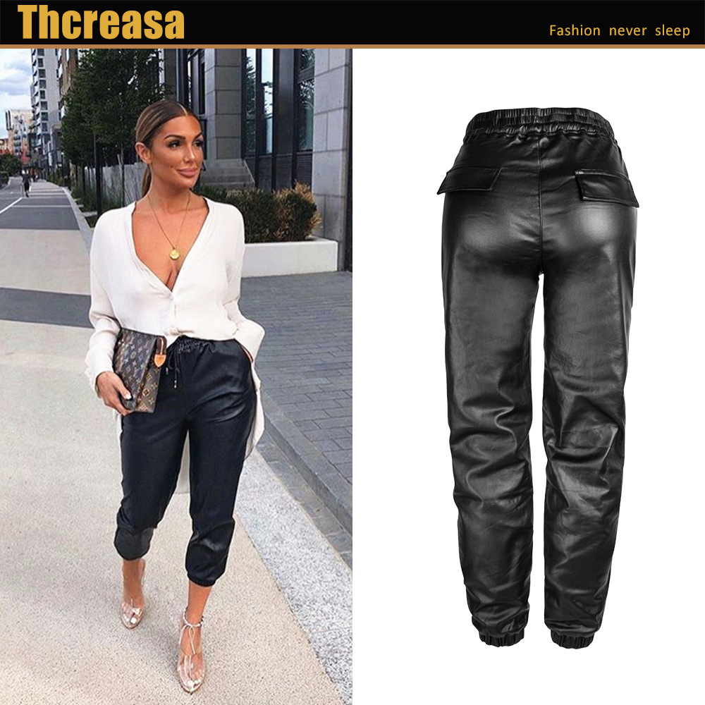 European and American Women's Pants for Autumn and Winter High-waist Loose Wide-leg Elastic Waist Imitation Leather Women's Pants Elastic Metal Hole Tie-rope Ankle-length Pants