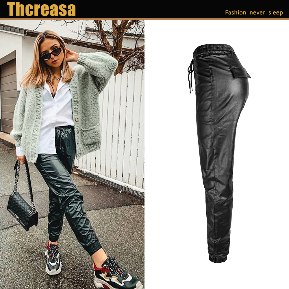 European and American Women's Pants for Autumn and Winter High-waist Loose Wide-leg Elastic Waist Imitation Leather Women's Pants Elastic Metal Hole Tie-rope Ankle-length Pants