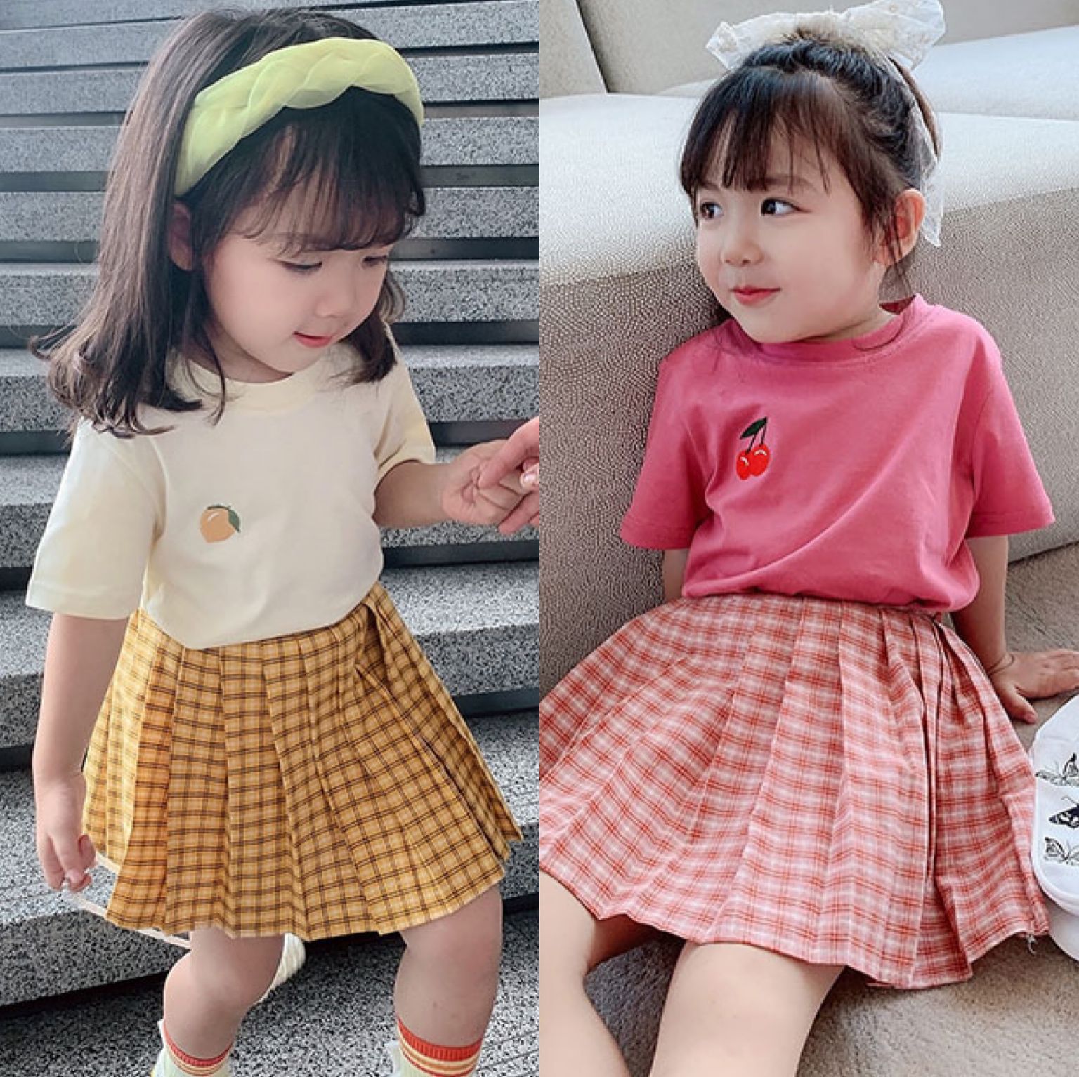 Children's summer sweet suit girls Cherry jacket + plaid skirt two-piece set 3-8 years old children's clothing a generation of hair