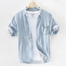 新款复古夏季薄款男士牛仔短袖衬衫休闲宽松男翻领衬衣男782