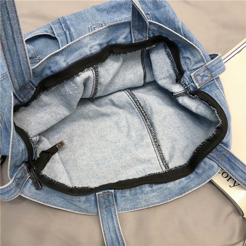 Retro Large Capacity Tote Shopping Bag Casual Denim Bag Academy Style Harajuku Canvas Shoulder Bag Crossbody Bag - Thumbnail 4