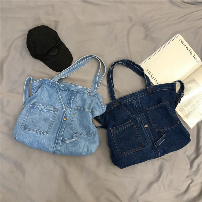 Retro Large Capacity Tote Shopping Bag Casual Denim Bag Academy Style Harajuku Canvas Shoulder Bag Crossbody Bag - Thumbnail 3