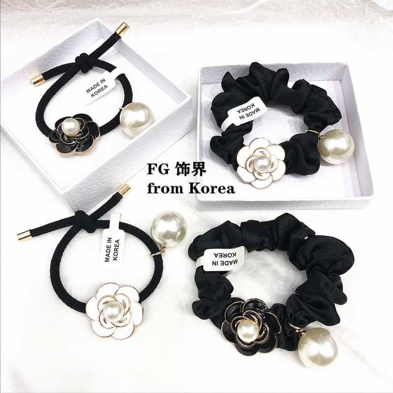 Estilo coreano gasa accesorios para el cabello elegante estilo francés estilo Chanel Camellia Perla intestino grueso banda para el cabello lazo de pelo cuerda banda de goma