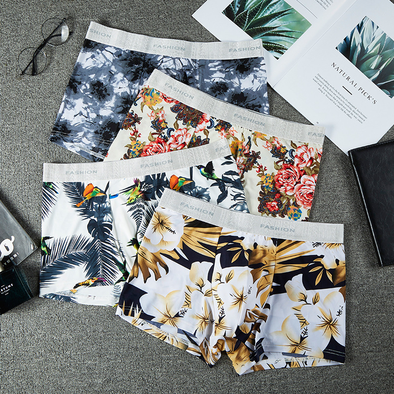 Summer trend thin ice silk men's underwear boxers breathable comfortable printing antibacterial short underpants a generation of hair