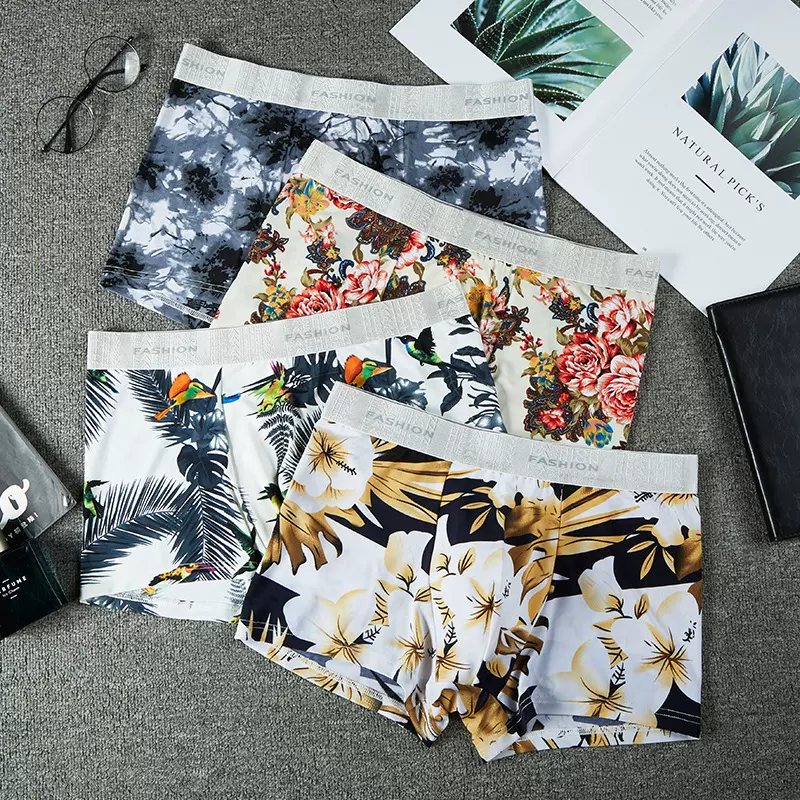 夏季潮流薄款冰丝男士内裤平角裤透气舒适印花抗菌短裤衩一件代发