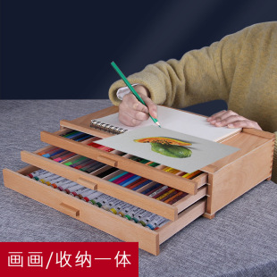 Wooden 3-layer Color Pencil Storage Box Brushes Crayon Paint Box Sketch Pencil Solid Wood Multi-layer Storage Box