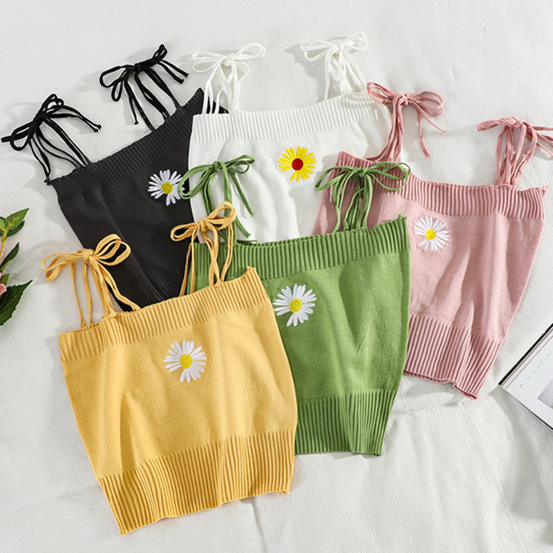 Knitted Camisole for Women 2026 New Style with Daisy Embroidery, Slim Fit Short Top, Exposed Navel, Sexy Base Layer
