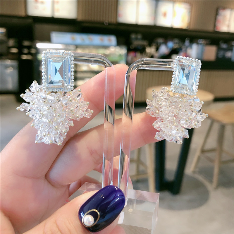 S925银针韩版时尚烟花水晶女耳饰品义乌流行夸张冰花流苏耳钉耳环