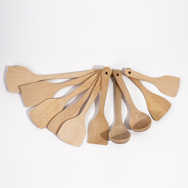 Paleta de madera de haya de madera maciza sin pintura, madera resistente a altas temperaturas, pala de madera de mango largo para el hogar, sartén antiadherente, pala de madera para cocinar al por mayor