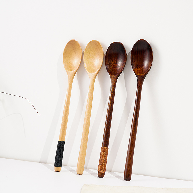 Línea enrollable de madera de loto de estilo japonés boca redonda 23.5 cuchara de madera Nanmu cuchara de sopa de mango largo cuchara de cocina cuchara para mezclar vajilla pedido al por mayor