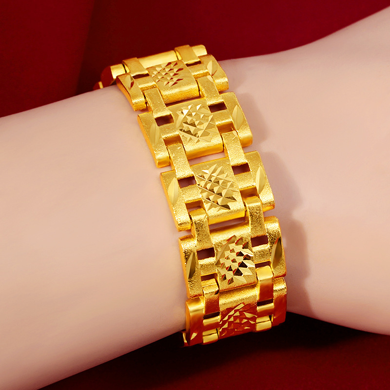 Sandblasted European Coin Copper Plated Vietnamese Sand Gold Men's Bracelet Wide Edition Personalized Watch Chain Long-term Color-free Jewelry Jewelry
