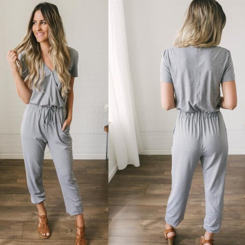 Cross-Border 2023 Amazon Hot Style Wish Autum Casual Women's Clothing New European and American Hot Selling Deep V Cross Jumpsuit