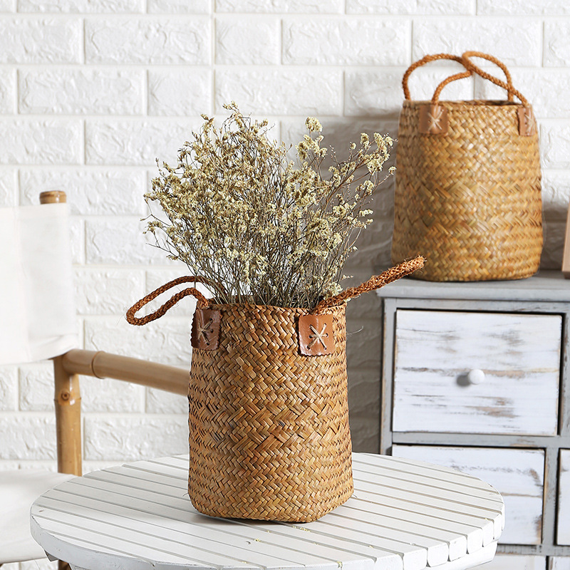 KENS Handmade Straw Storage Basket Creative Flower Pot Set Flower Basket Round Small Basket Storage Basket Gift Basket