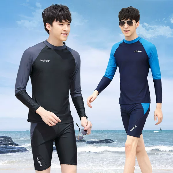 Men's Two-Piece Swimwear Set: Long-Sleeve Top and Five-Point Shorts, Sun-Protective, Quick-Dry, Suitable for Winter Hot Springs