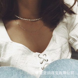 Freshwater Pearl Rice Shape Pearl Double Layer Necklace Snake Bone Chain 925 Silver Necklace Double Layer Necklace Exquisite Vintage Necklace