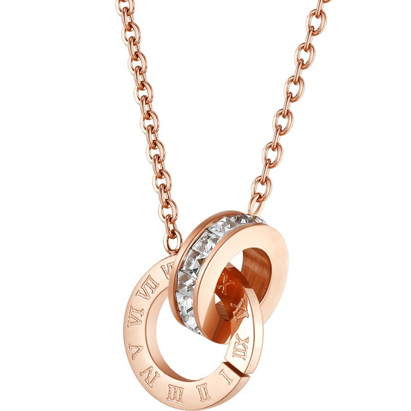 TikTok Explosions Hot Sale Titanium Steel Rome Double Ring Necklace Color-free Chain Plated 18K Rose Gold Necklace TikTok Explosions Hot Sale Titanium Steel Rome Double Ring Necklace Color-free Chain Plated 18K Rose Gold Necklace
