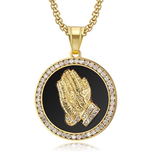 European and American Cross-border New Arrival Hip-Hop Hiphop Jewelry Titanium Steel Gold-Plated Micro-Inlaid Zircon Prayer Buddha Hand Pendant Necklace