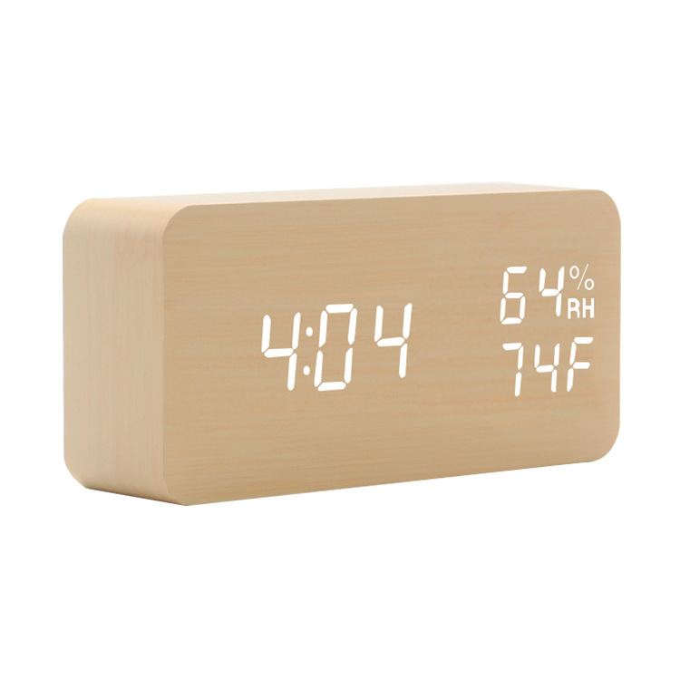 Qili reloj despertador inteligente de control de voz mudo LED reloj de madera Artesanía regalo de carga USB