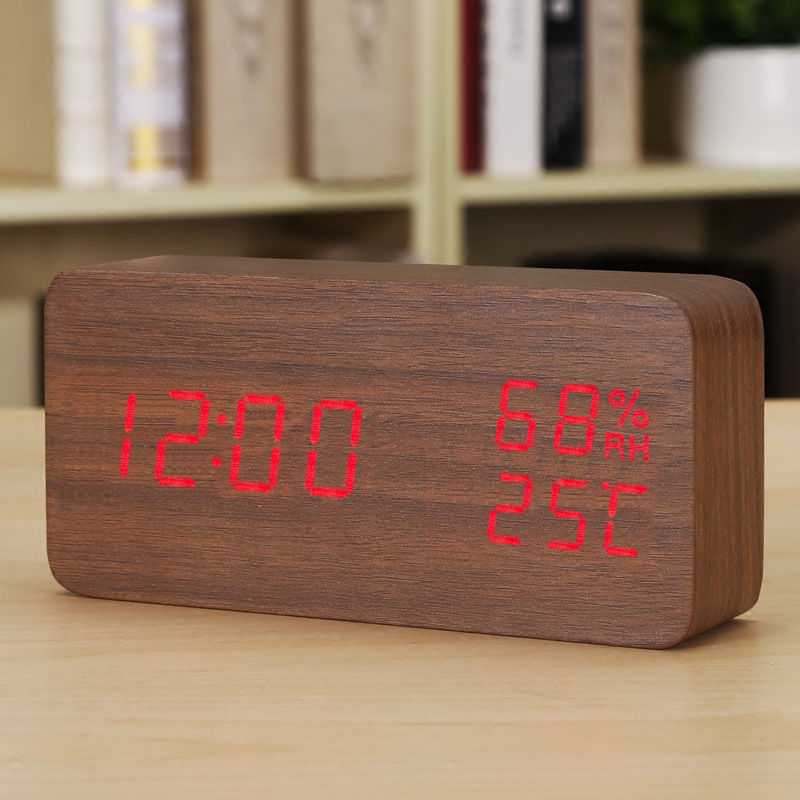 Qili reloj despertador inteligente de control de voz mudo LED reloj de madera Artesanía regalo de carga USB