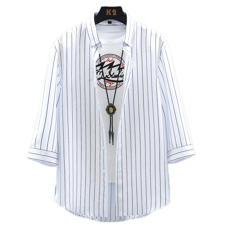 Promotional Summer Three-Quarter Sleeve Vertical Striped Slim Fit Shirt for Young Men, Thin Casual Trendy Versatile Striped Top Promotional Summer Three-Quarter Sleeve Vertical Striped Slim Fit Shirt for Young Men, Thin Casual Trendy Versatile Striped Top