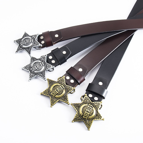Men's Fashion American Sheriff Retro Leather Belt Cross-border Apparel Accessories European and American Brand Pants Belt