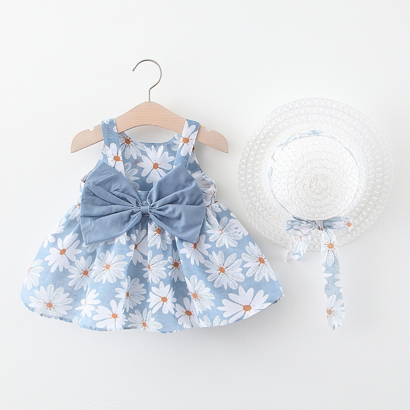 A749 Summer New Baby Girl Vest Dress Princess Dress 1234 Years Old Chest Big Bow Flower Dress with Hat