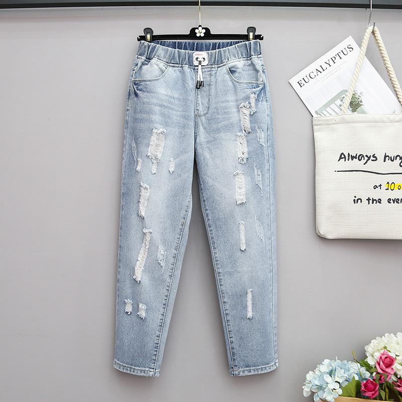 Plus Size Jeans Women's Loose Harem Pants Fat Sister Nine-Point Pants Ripped Holes 100kg High-Waisted Pants Plus Fat and New Style