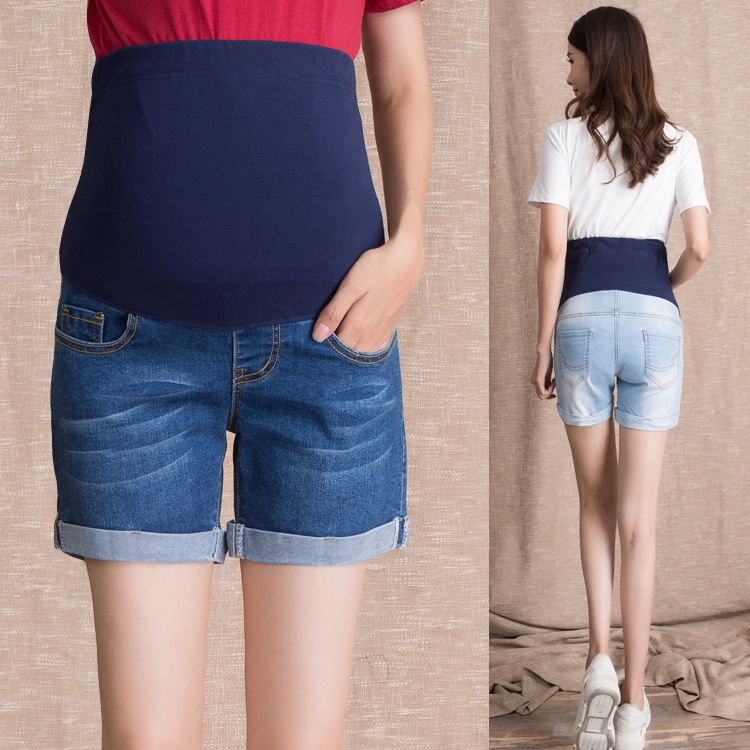 Summer Maternity Denim Shorts Fashion Trendy Mom Jeans with Rolled-Up Hem and Belly Support, Summer Style, Cross-Border In-Stock High-Waisted