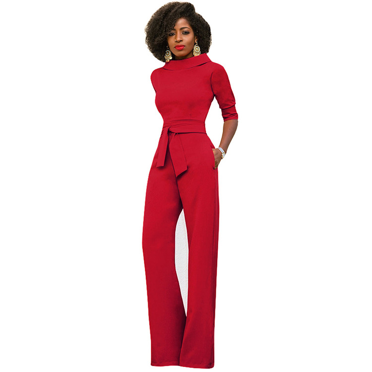 AliExpress Amazon otoño nueva moda ropa de mujer europea y americana de color sólido solapa de cinco cuartos de manga de cintura alta de pierna ancha mono image 10
