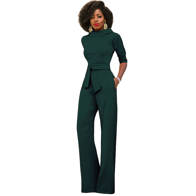 AliExpress Amazon otoño nueva moda ropa de mujer europea y americana de color sólido solapa de cinco cuartos de manga de cintura alta de pierna ancha mono image 14