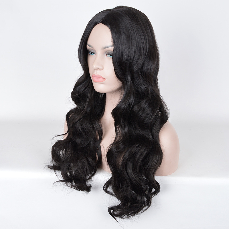 Manufacturers supply "Wonder Woman" Diana same style dark black mid-length long curly wig head cover