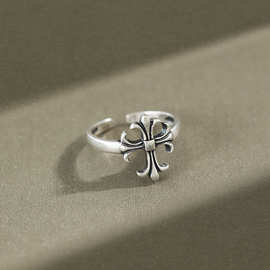 JT085创意个性做旧银指环复古仿古十字架S925纯银开口戒指女饰品