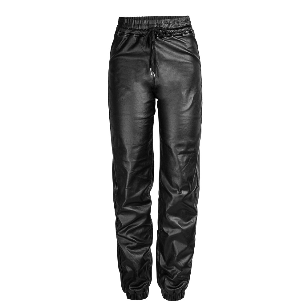 European and American Women's Pants for Autumn and Winter High-waist Loose Wide-leg Elastic Waist Imitation Leather Women's Pants Elastic Metal Hole Tie-rope Ankle-length Pants