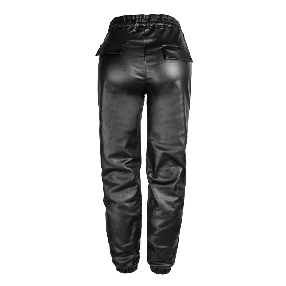 European and American Women's Pants for Autumn and Winter High-waist Loose Wide-leg Elastic Waist Imitation Leather Women's Pants Elastic Metal Hole Tie-rope Ankle-length Pants