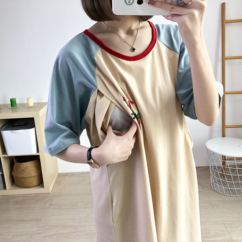 Pregnant Women's Breastfeeding Dress Summer Thin Short-sleeved Outer Wearing Moon Hot Mom's Breastfeeding Clothes Pure Cotton Women's Nightgown