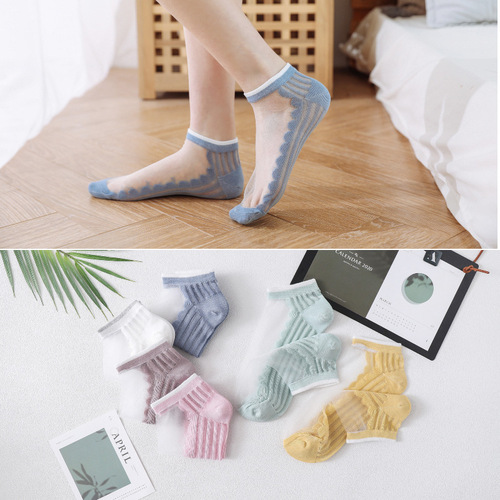 Crystal glass silk socks for women in summer, versatile thin daisy stockings, shallow mouth boat socks, women's invisible short socks, trendy