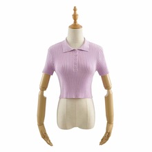 AY092-20夏款 韩版修身款前排扣翻领短款露脐坑条短袖T恤 打底衫