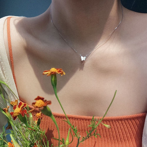 Ganjia S925 sterling silver white mother-of-pearl butterfly pendant necklace female trendy internet celebrity niche design choker clavicle chain