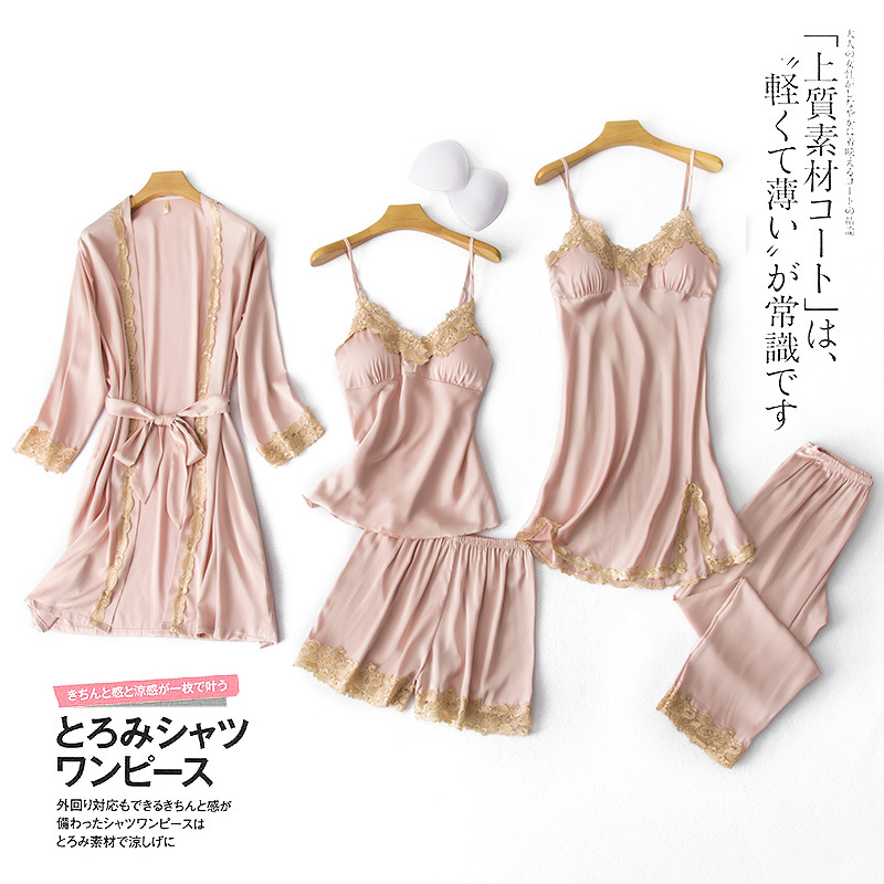 Silk Language Five-piece Sexy Pajamas Women's Autumn and Winter Split Sling Sling Silk Nightgown with Chest Pad Outer Wear Home Clothes