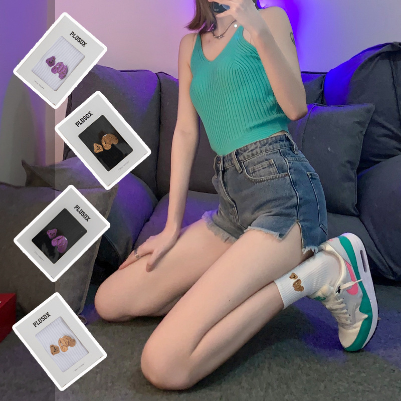 Purple Palm Tree Decapitated Bear Angel Embroidery Sports Socks for Men and Women, Trendy Mid-Calf Cotton Socks, Fashionable Socks