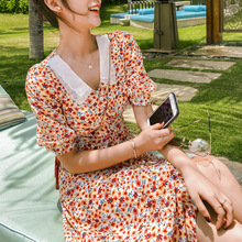 韩国女装气质淑女雪纺碎花连衣裙娃娃领修身显瘦法式连衣裙夏季