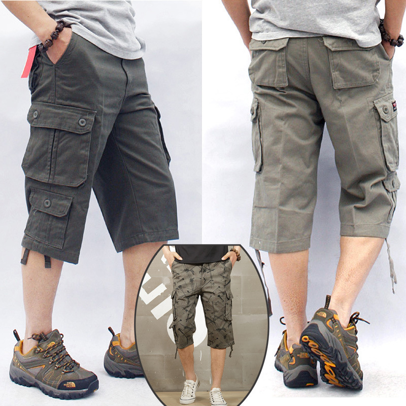 Summer Men's Three-Quarter Cargo Pants Trendy Brand Loose Large Size Pure Cotton Five-Quarter Shorts for Fat Men Pure Color 7-Point Pants