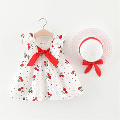 745 Children's Clothing, Dropshipping Summer New Girls' Cherry Princess Dress with Hat, Beach Dress